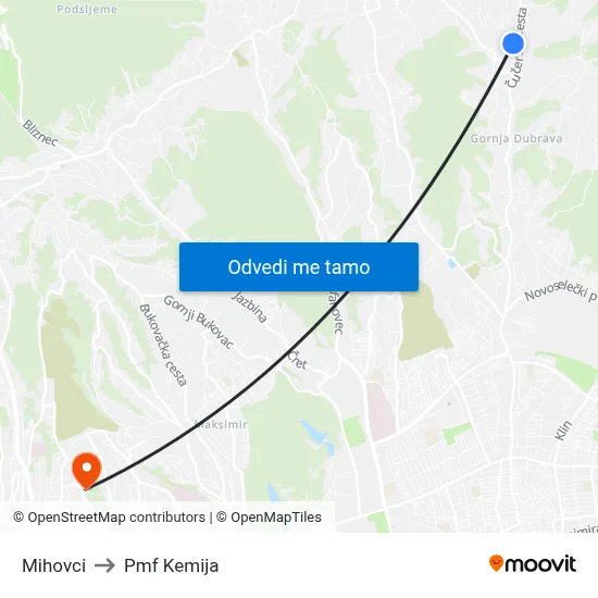 Mihovci to Pmf Kemija map