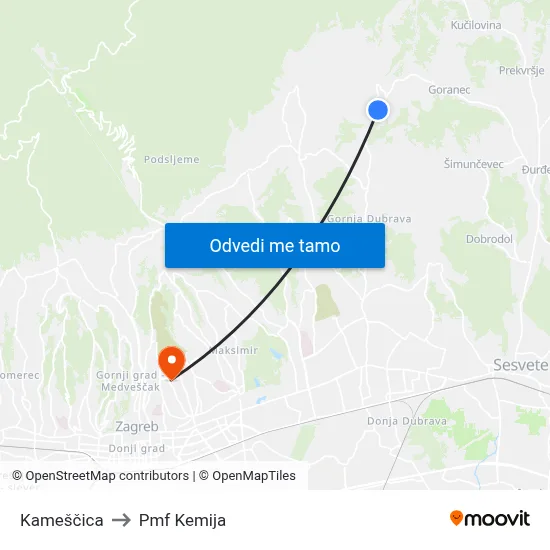 Kameščica to Pmf Kemija map