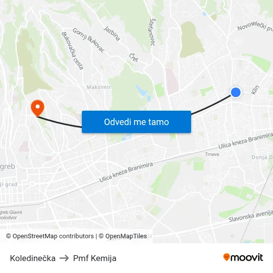Koledinečka to Pmf Kemija map