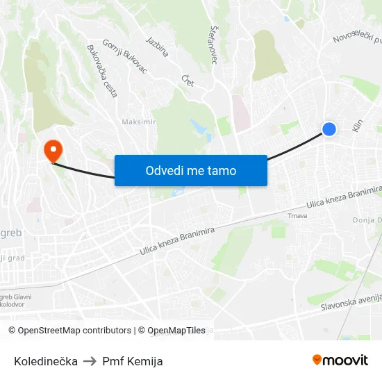 Koledinečka to Pmf Kemija map