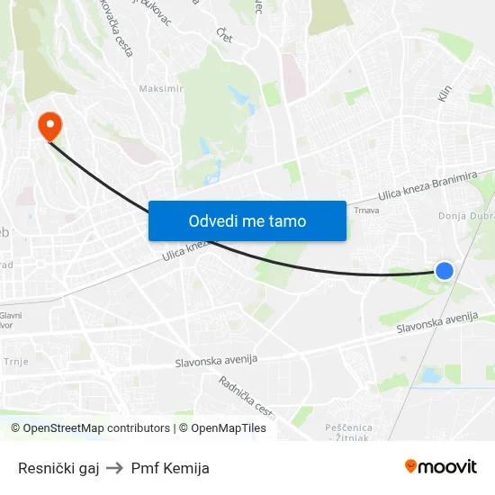 Resnički gaj to Pmf Kemija map