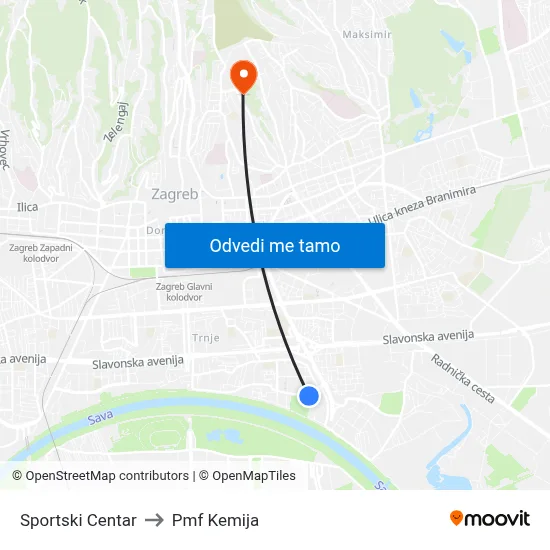 Sportski Centar to Pmf Kemija map
