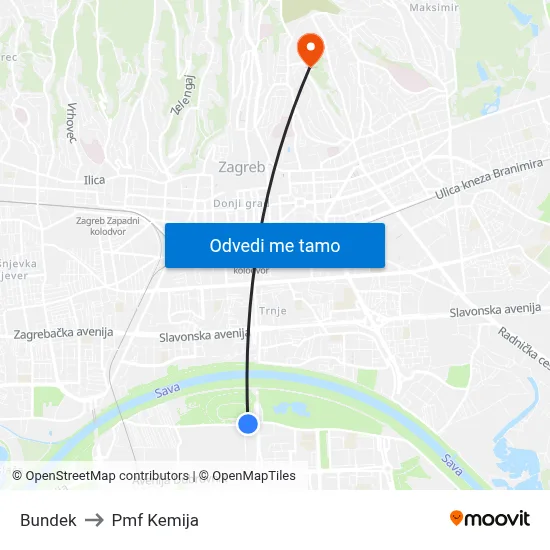 Bundek to Pmf Kemija map