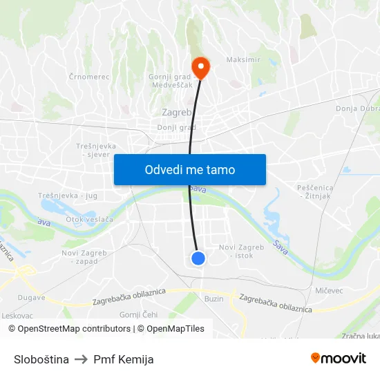 Sloboština to Pmf Kemija map