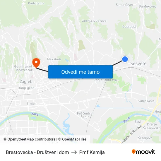 Brestovečka - Društveni dom to Pmf Kemija map