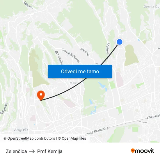 Zelenčica to Pmf Kemija map