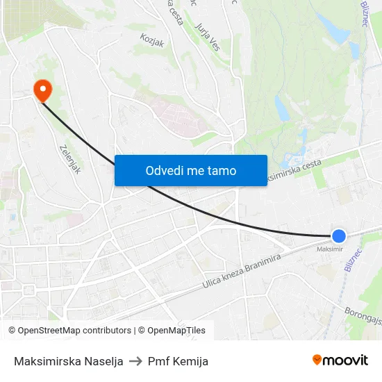 Maksimirska Naselja to Pmf Kemija map