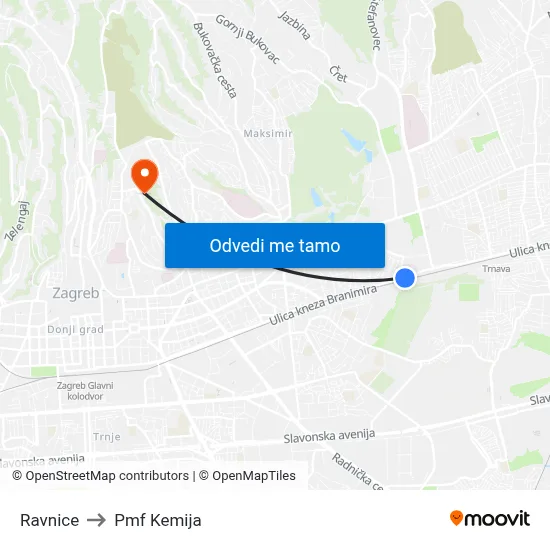 Ravnice to Pmf Kemija map