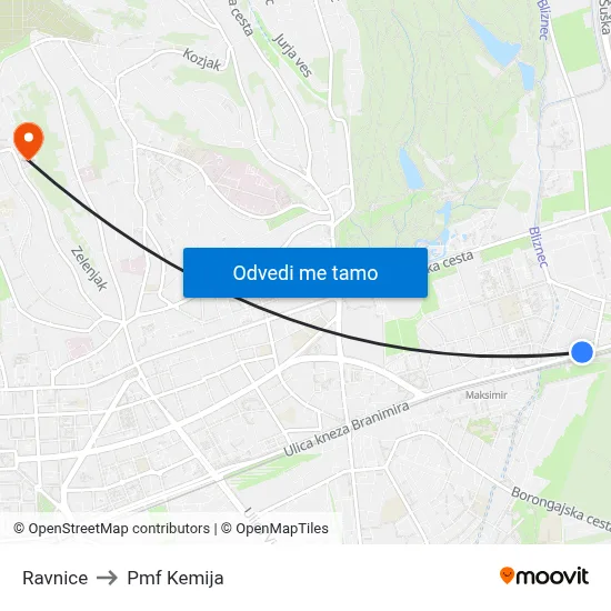 Ravnice to Pmf Kemija map