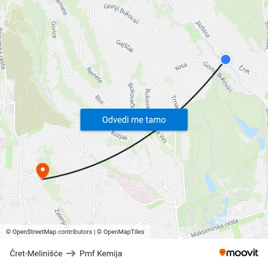 Čret-Melinišće to Pmf Kemija map