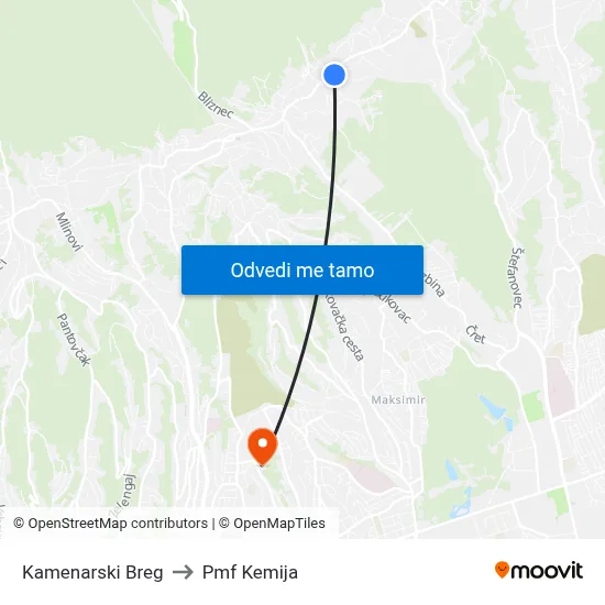 Kamenarski Breg to Pmf Kemija map