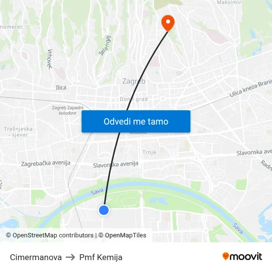 Cimermanova to Pmf Kemija map