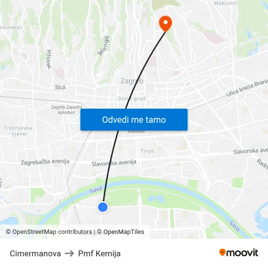 Cimermanova to Pmf Kemija map