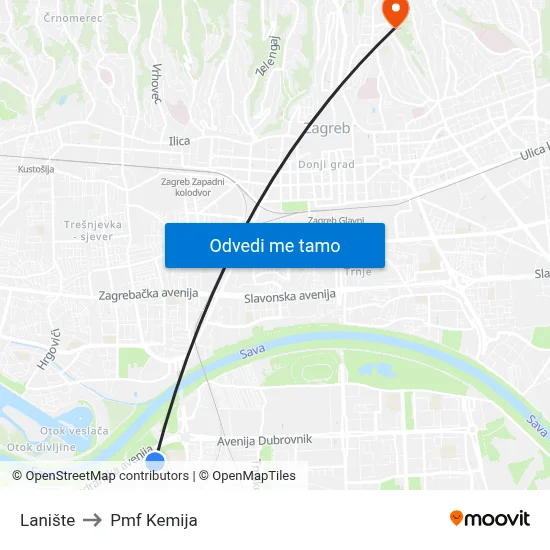 Lanište to Pmf Kemija map