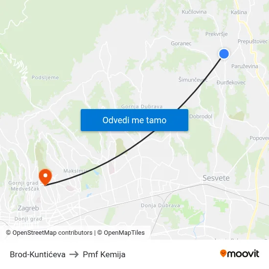 Brod-Kuntićeva to Pmf Kemija map