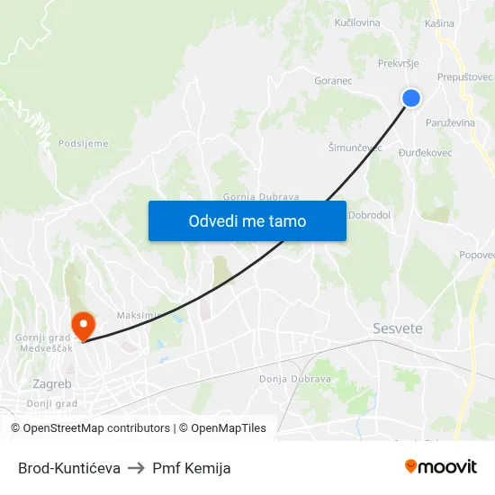 Brod-Kuntićeva to Pmf Kemija map