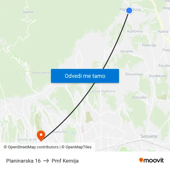 Planinarska 16 to Pmf Kemija map