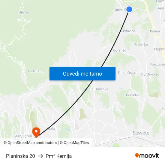 Planinska 20 to Pmf Kemija map