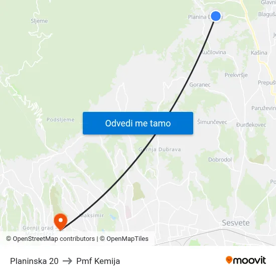 Planinska 20 to Pmf Kemija map