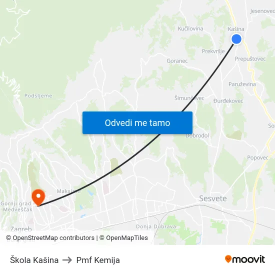 Škola Kašina to Pmf Kemija map
