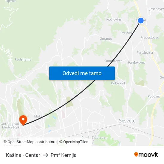 Kašina - Centar to Pmf Kemija map