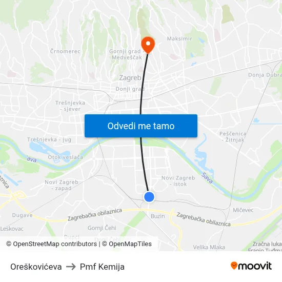 Oreškovićeva to Pmf Kemija map