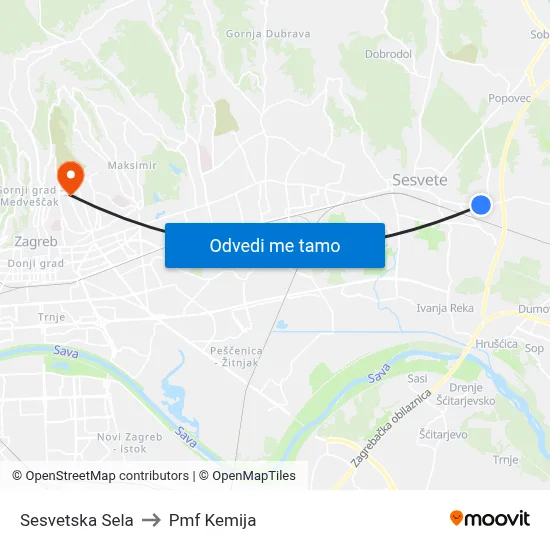 Sesvetska Sela to Pmf Kemija map