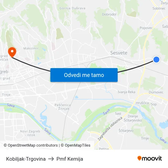 Kobiljak-Trgovina to Pmf Kemija map