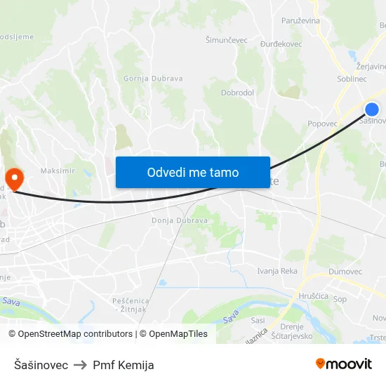 Šašinovec to Pmf Kemija map