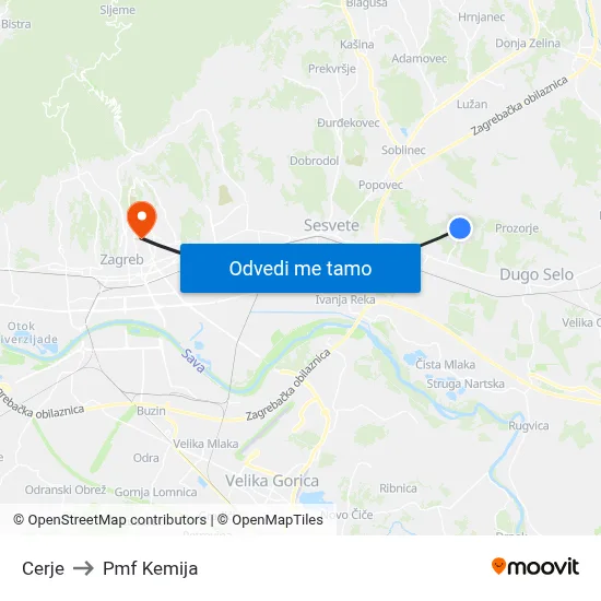 Cerje to Pmf Kemija map