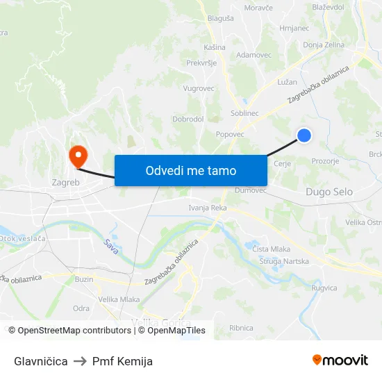 Glavničica to Pmf Kemija map