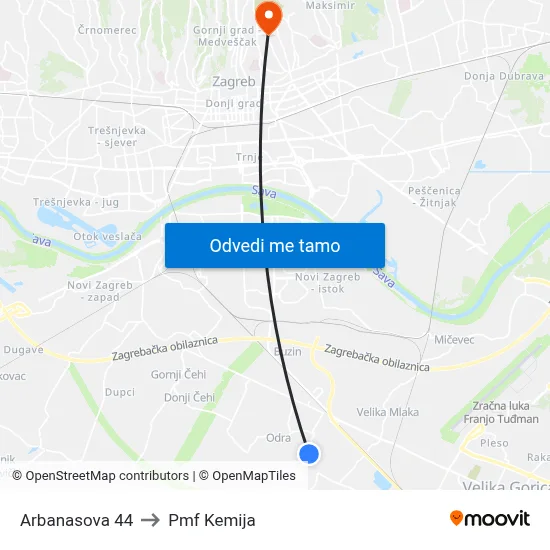 Arbanasova 44 to Pmf Kemija map