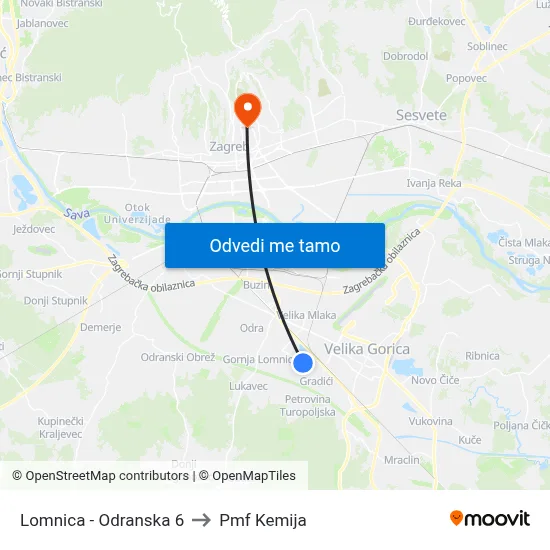 Lomnica - Odranska 6 to Pmf Kemija map