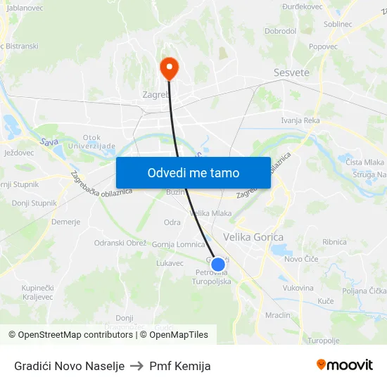 Gradići Novo Naselje to Pmf Kemija map