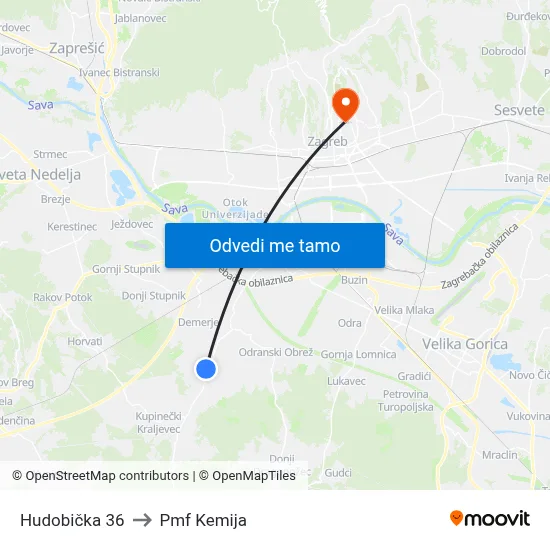 Hudobička 36 to Pmf Kemija map