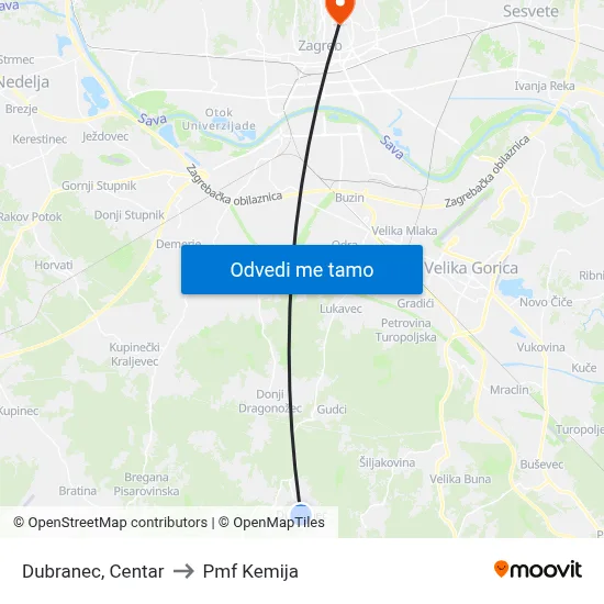 Dubranec, Centar to Pmf Kemija map