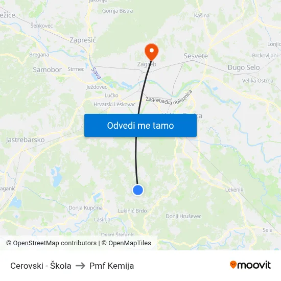 Cerovski - Škola to Pmf Kemija map
