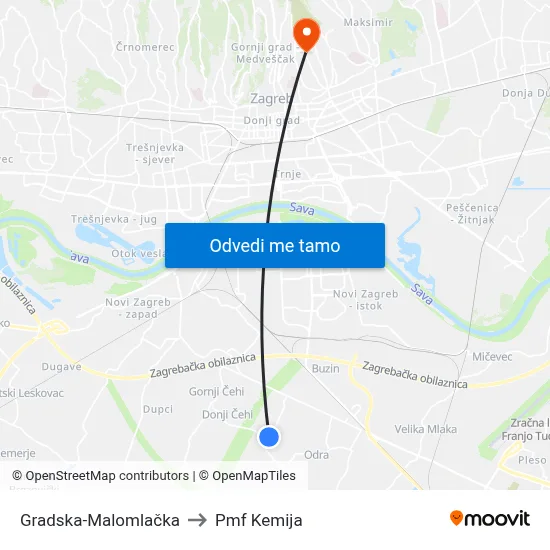 Gradska-Malomlačka to Pmf Kemija map