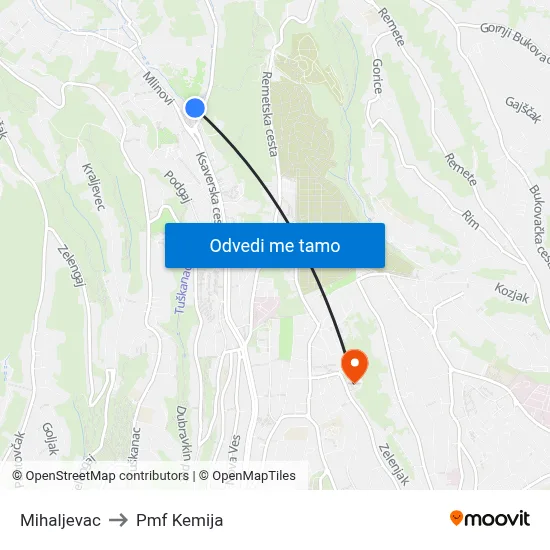Mihaljevac to Pmf Kemija map