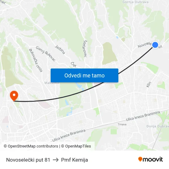Novoselečki put 81 to Pmf Kemija map