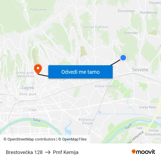 Brestovečka 128 to Pmf Kemija map