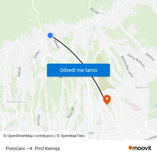 Potočani to Pmf Kemija map