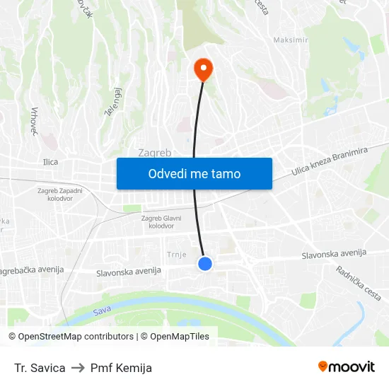 Tr. Savica to Pmf Kemija map