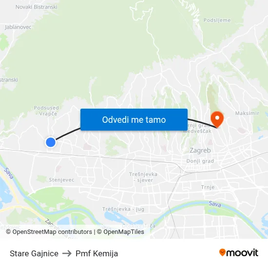 Stare Gajnice to Pmf Kemija map