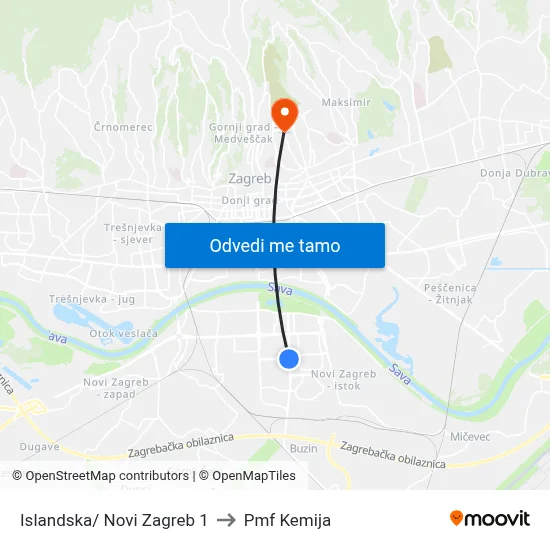 Islandska/ Novi Zagreb 1 to Pmf Kemija map