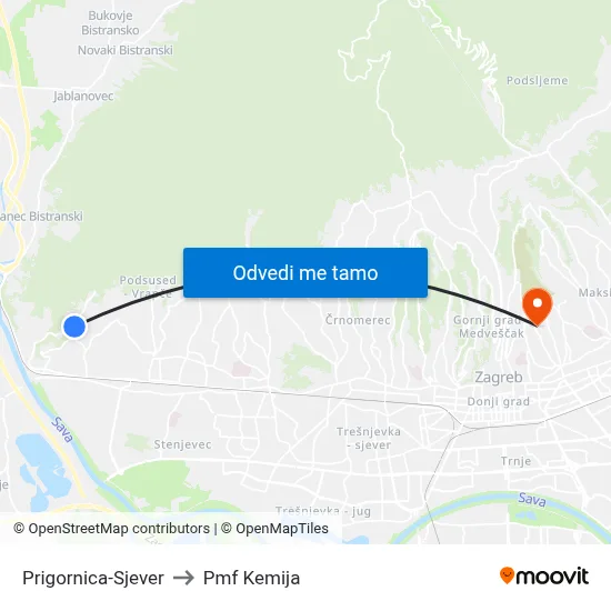 Prigornica-Sjever to Pmf Kemija map