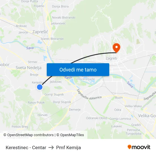 Kerestinec - Centar to Pmf Kemija map
