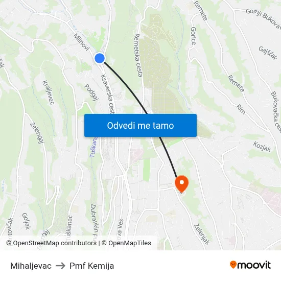 Mihaljevac to Pmf Kemija map