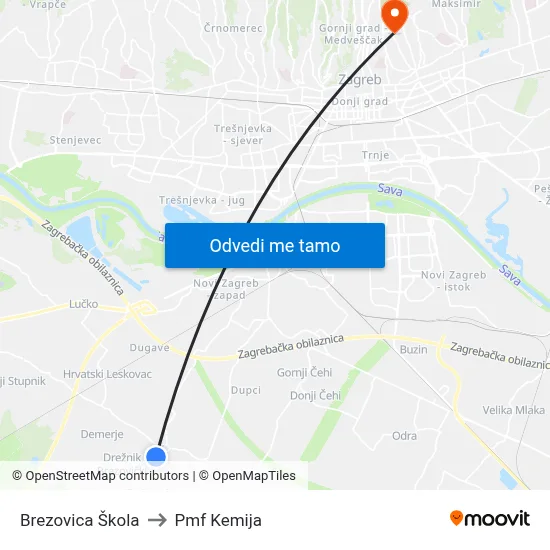Brezovica Škola to Pmf Kemija map