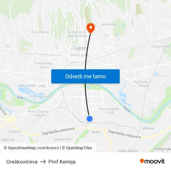 Oreškovićeva to Pmf Kemija map